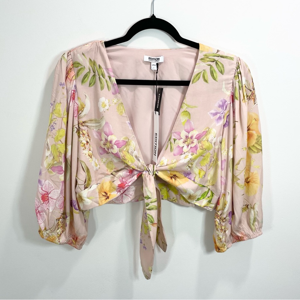 Express Tie Front Puff Sleeve Crop Top And Pants Size L NWT - Picture 7 of 8